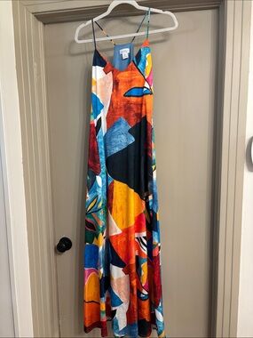 Abstract Multicolor Spaghetti-Strap Maxi Dress